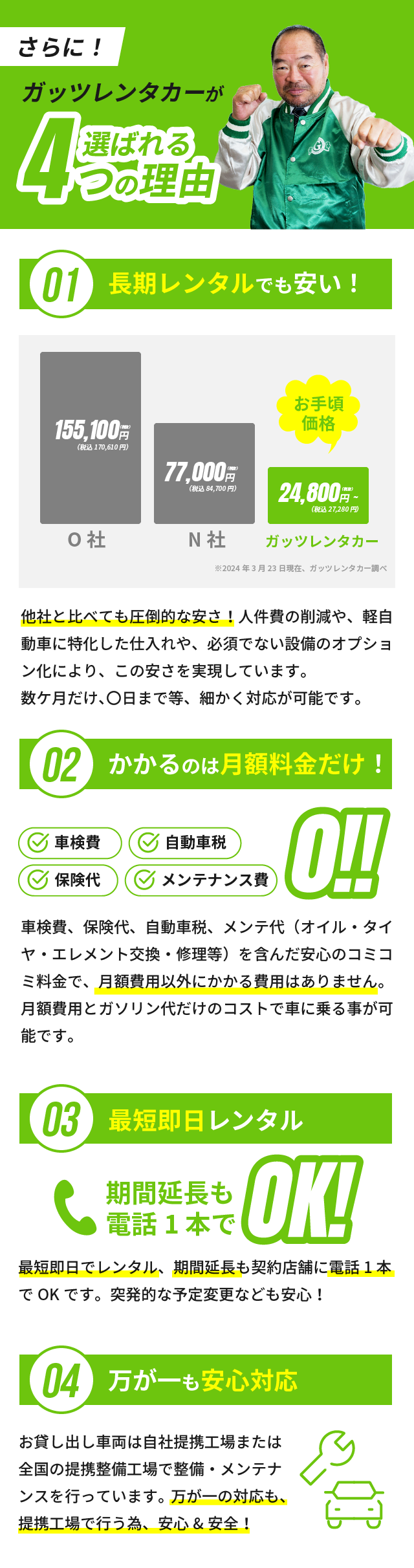 ガッツレンタカー店が選ばれる4つの理由